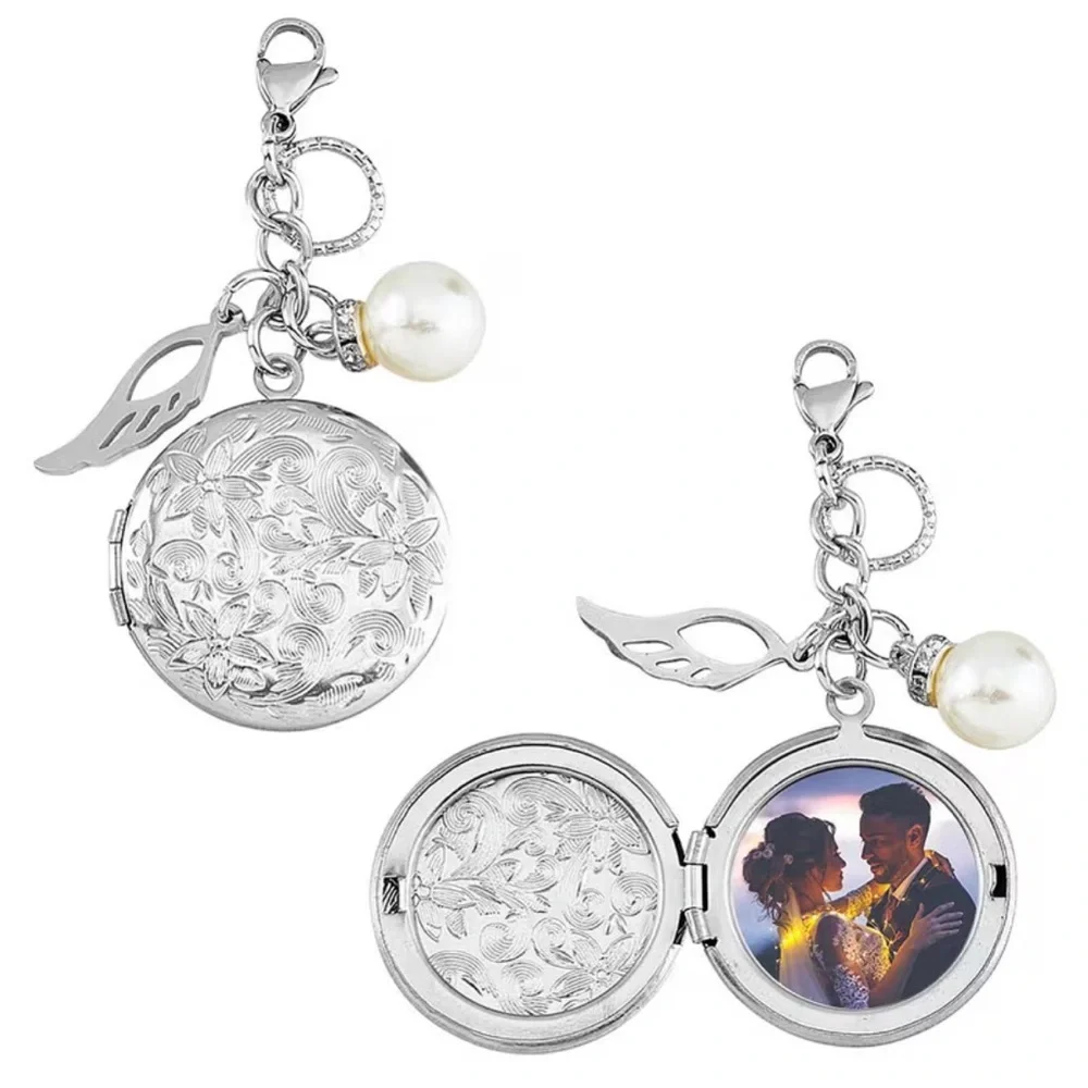 Locket Keychain Engraved Silver Photo with Pearl Charm Stainless Steel